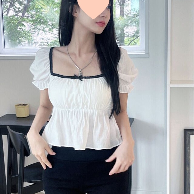 Korean-Style Pure Desire Style Square-Neck Puff-Sleeve Short Top with Lace Trim and Bow, Waist-Cinching Slim-Fit Blouse in White