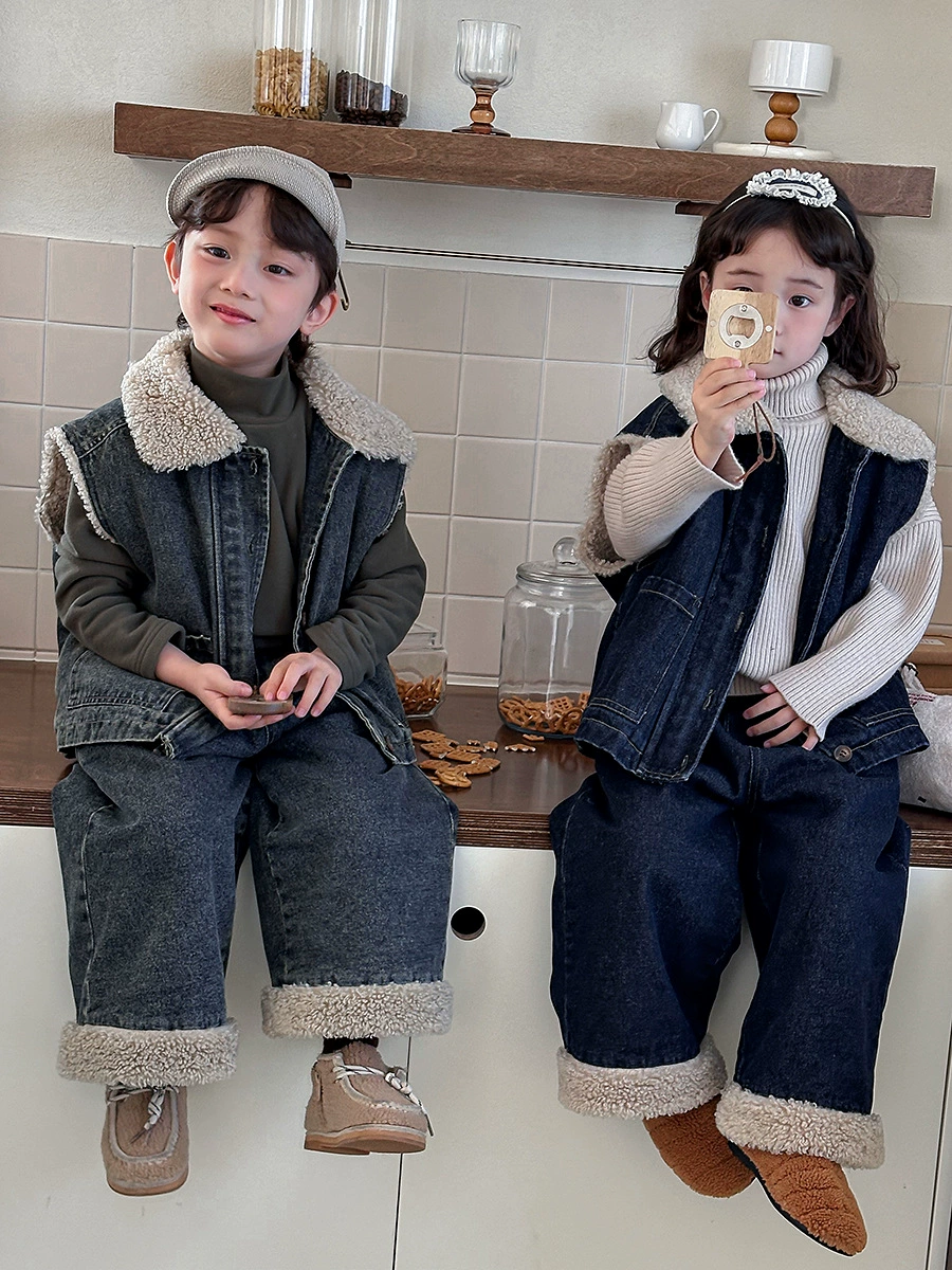 Winter denim vest for boys, jacket, set, increased thickness
