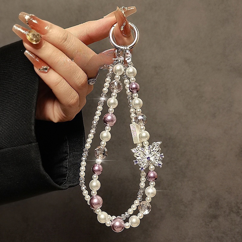 High-end diamond-encrusted butterfly phone lanyard, auspicious pearl phone chain pendant, beaded handbag with double chain.