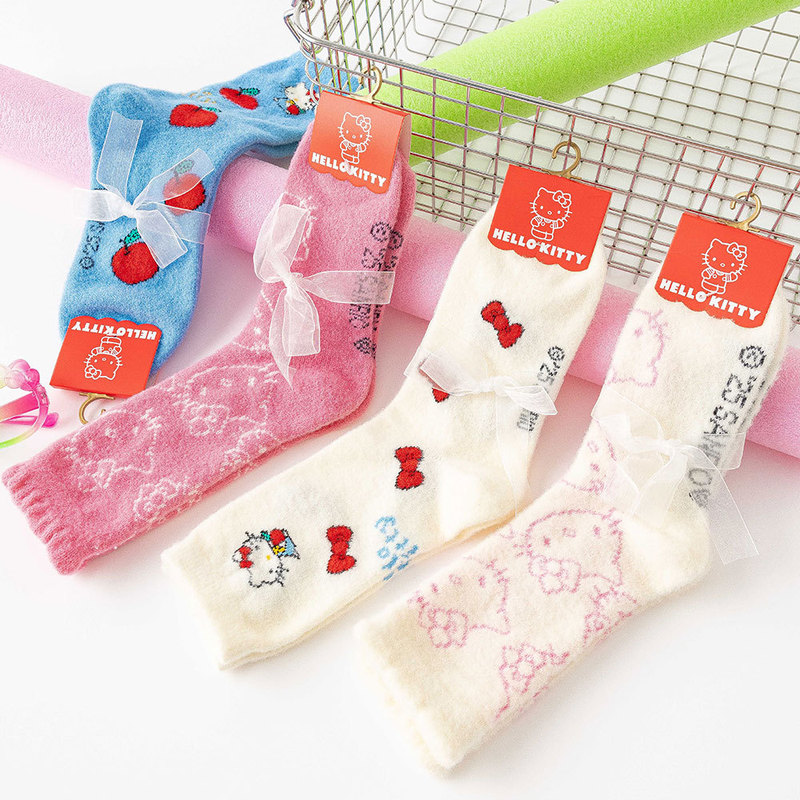 珊瑚绒袜子女中筒袜冬季加厚保暖地板袜可爱hellokitty家居睡眠袜|undefined