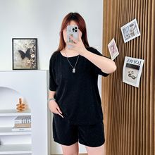 200斤大码夏季新款时尚休闲满天星短袖短裤两件套胖妹妹套装6869
