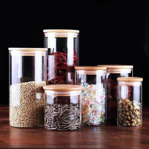 Round food glass sealed jar multigrain tea storage jar bamboo lid kitchen storage high borosilicate glass storage jar