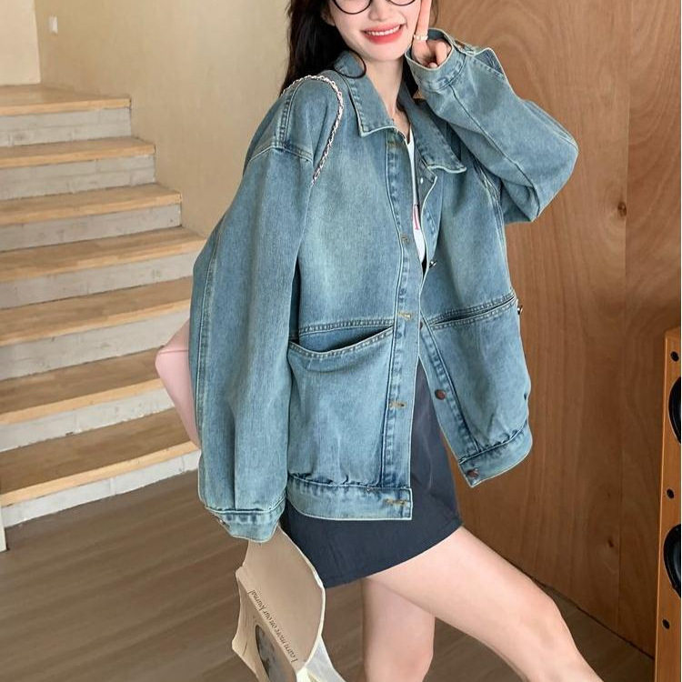 Áo khoác denim nữ dáng rộng phong cách retro, tay dài cổ ve áo — màu xanh denim