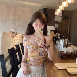 夏季辣妹性感扭结v领修身上衣大码女装复古油画花卉印花短袖T恤潮