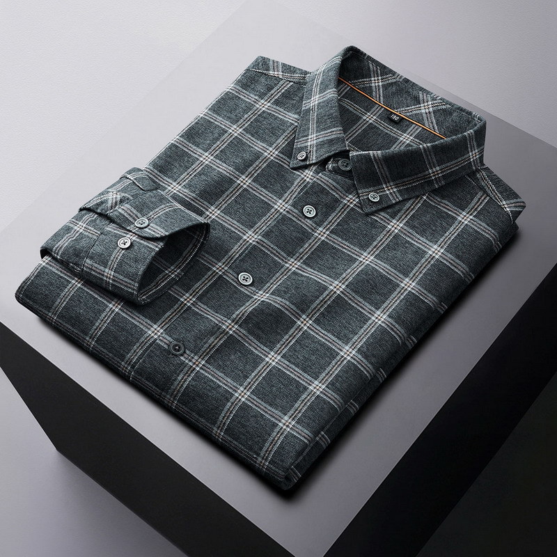 Autumn and Winter New Large Size Brushed Long-Sleeved Pure Cotton Plaid Shirt for Men, Business Casual, Extra Large Size for Big and Tall Men