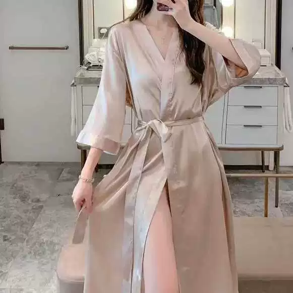 Женский длинный шелковый халат, летняя тонкая пижама-robe, европейский стиль, пояс на талии