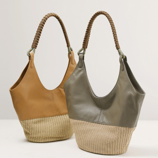 First-Layer Cowhide + Straw Weaving Craft Women's Shoulder Bag Literary Style Korean Style Large-Capacity Contrasting Color Tote Bag for Women