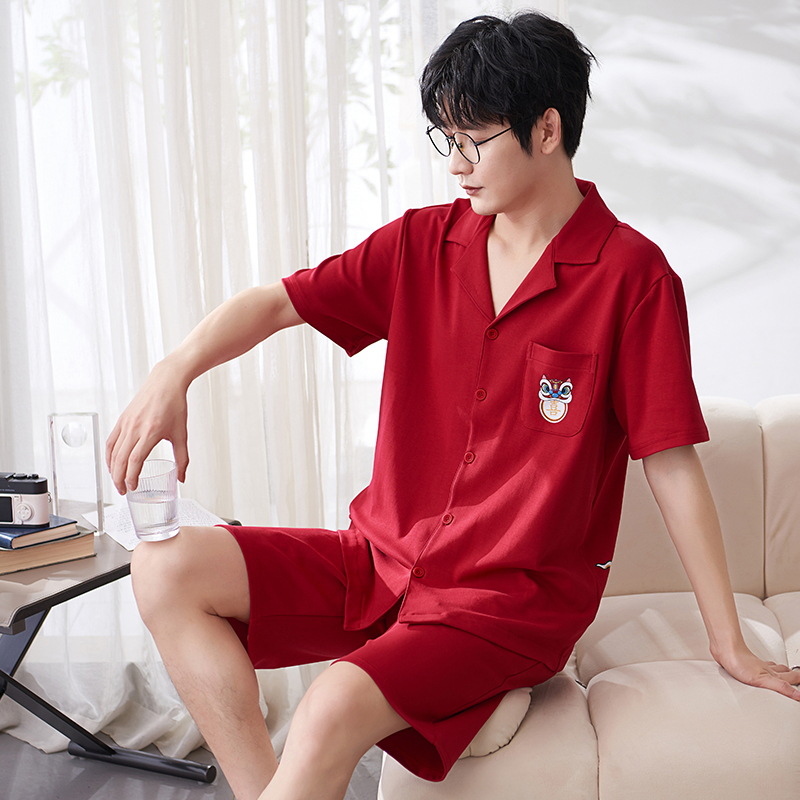 Pijamas de boda para recién casados 2025 para hombre, conjunto de verano de algodón puro de manga corta y pantalones cortos, holgado, rojo brillante, para el hogar, con diseño del año del zodiaco