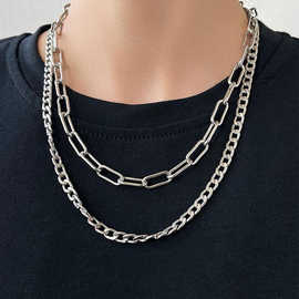 跨境热销NK十字双层粗项链男女欧美嘻哈朋克复古多层颈链饰品批发