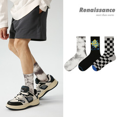 文藝復興原創男襪街頭個性塗鴉扎染中筒襪運動風透氣吸汗棉襪子男