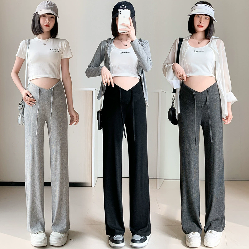 Реальные штаны для беременных весной и осенью 2024 новые наружные носки ранние весенние широкие брюки для беременных женщин с низкой талией повседневные прямые брюки