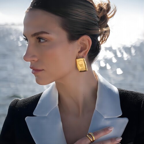 Amazon titanium steel geometric rectangular pleated earrings 18k gold plated glossy exaggerated concave and convex earrings wholesale