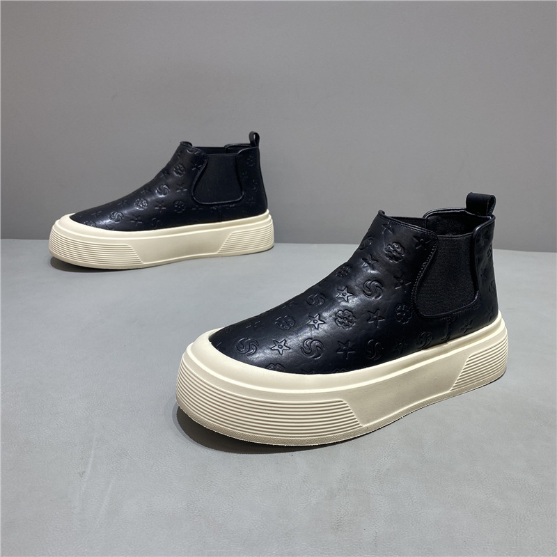 qn男鞋2025冬季加绒保暖懒人一脚蹬高帮板鞋英伦风复古印花休闲短