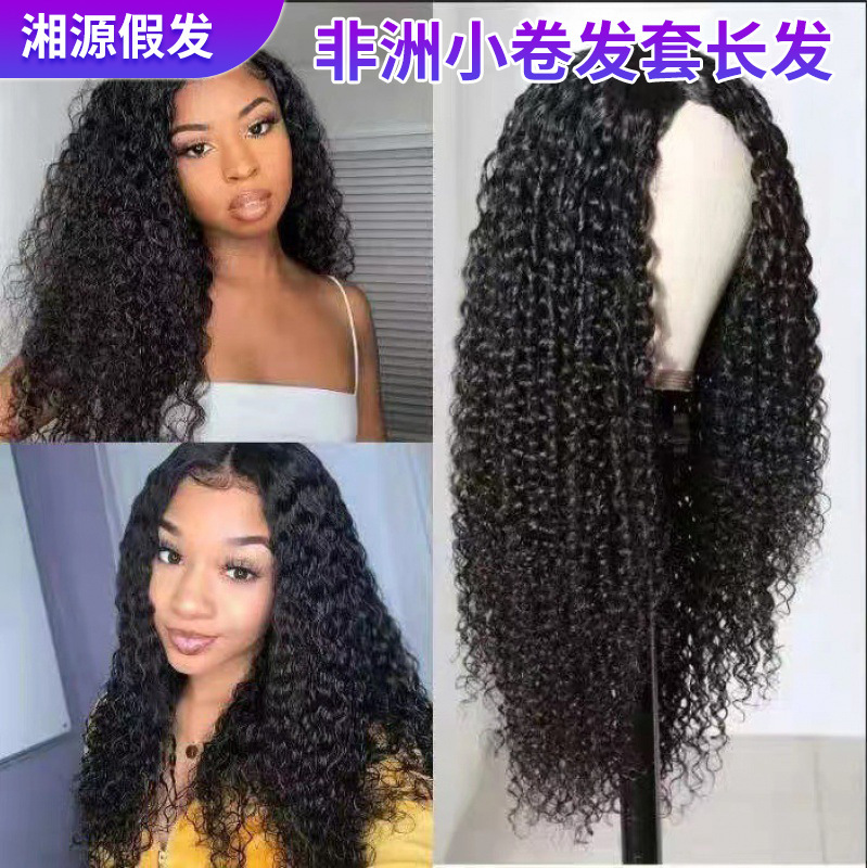 Cross-border European and American Amazon Black Women's African small hair curler long hair front lace wig full head cover