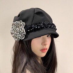 日系复古褶皱花朵贝雷帽子女春秋时尚文艺画家八角帽报童帽显脸小