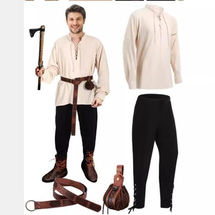4Pcs Halloween Men Renaissance Costume Set Medieval Pirate Shirt Ankle Strap Pants
