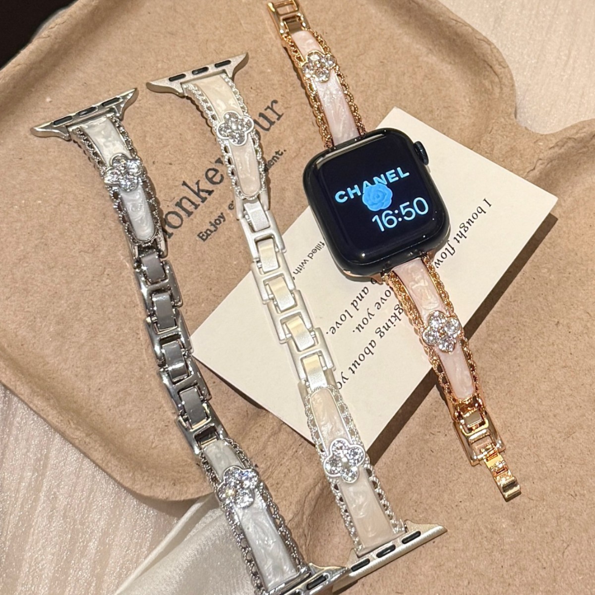 四叶草镶钻滴胶金属表带适用苹果applewatchsiwatch12代11/10s