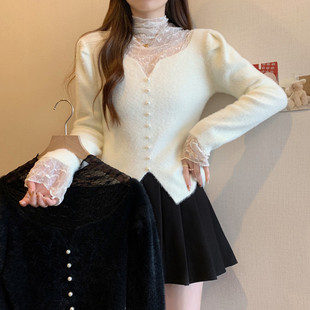 plus size Women's chubby girl Autumn and Winter French Lace Stitching Mock Mock Mink Fleece Irregular Sweater Base Shirt