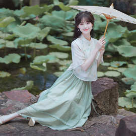 2025新款年轻款民国风少女唐装两件套新中式复古印花改良旗袍套装