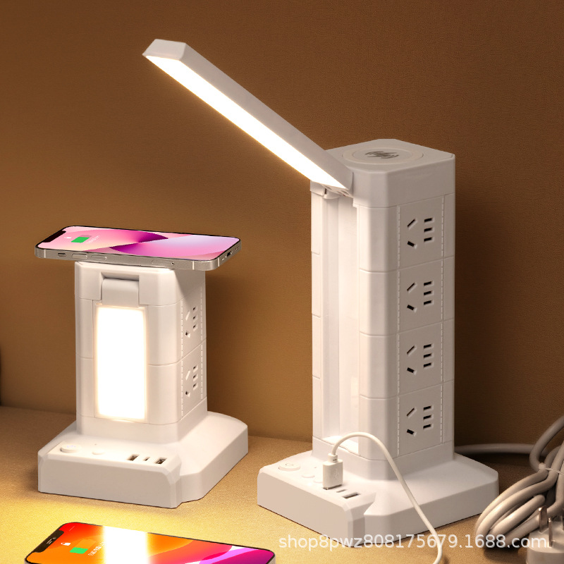 智能声控语音立式插排带灯电池充插两用插座手机无线充塔型排插线