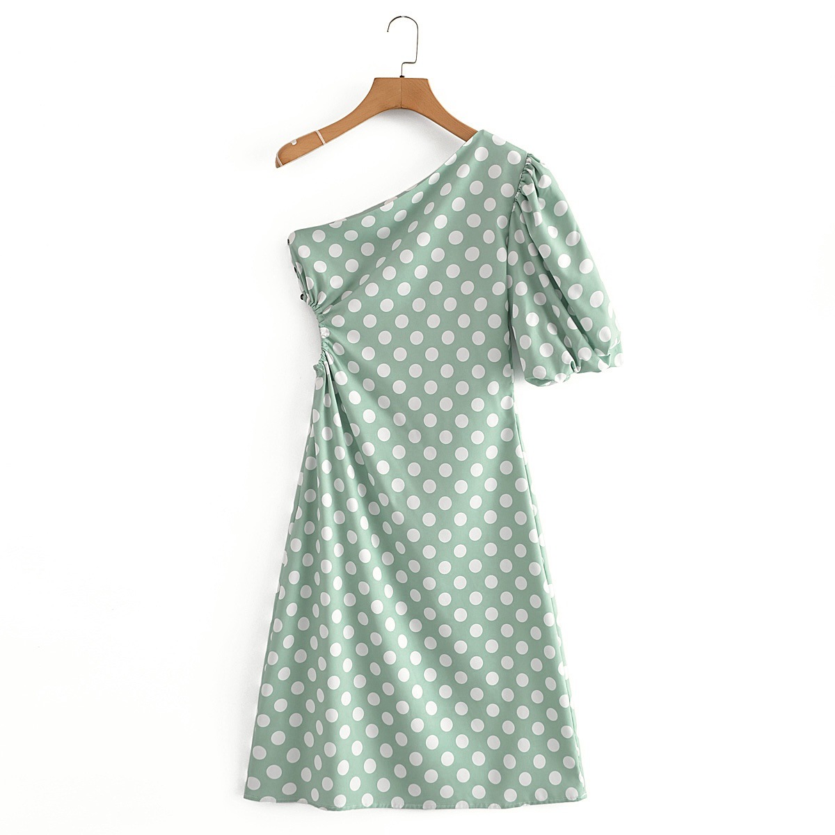 lantern sleeve slim single-shoulder hollow polka dot print dress NSLQS129919