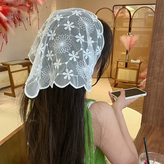 法式复古白色网纱蕾丝花朵三角巾发带绑头发包头可爱出游拍照配饰