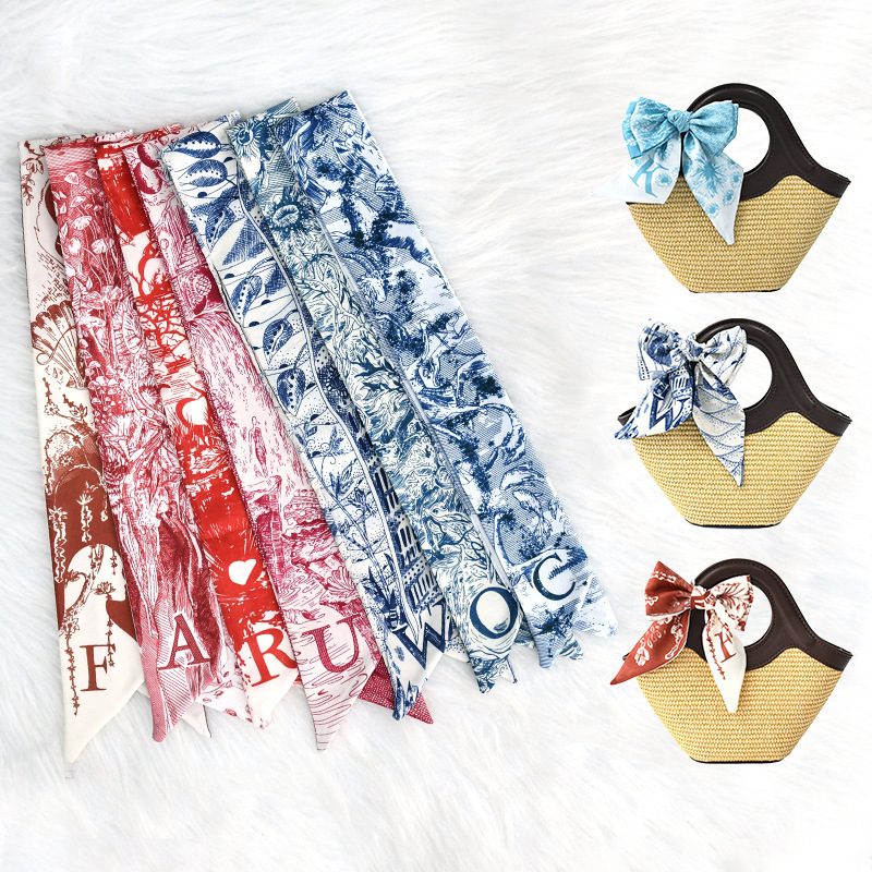 Primavera y verano de moda casual bolsa de decoración bufandas flores de seda de alta calidad 24 letras largas tiras multipropósito