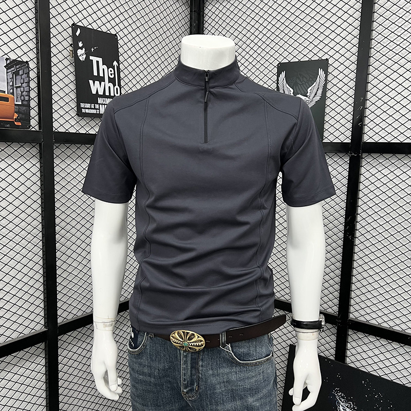Men's Summer Sports T-Shirt Style High Neck Zipper Short Sleeve Fashionable Trendy Loose Top_viptrois.com