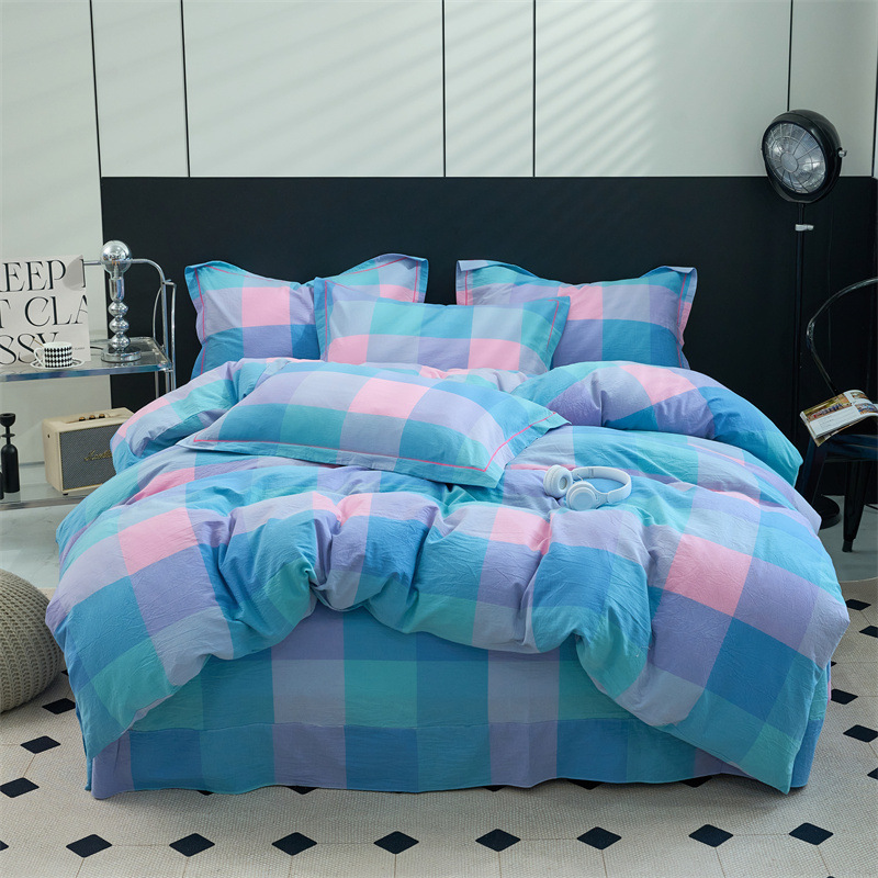 yarn-dyed All-cotton Four-piece Pure Washed Cotton Three-piece Set, Simple Plaid Bedding Wholesale, Class A Certified_voghion.com