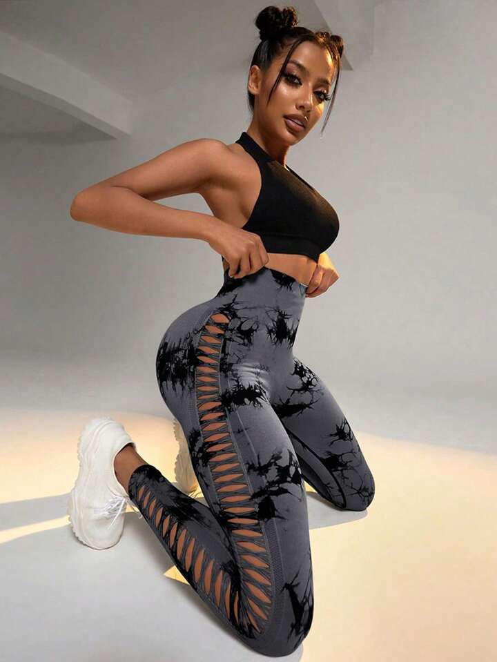 Versión gruesa talla S 200g + sin costuras pantalones de yoga de la aptitud de las mujeres Pantalones deportivos tie-dyed tie-float Hip-lifting pantalones Leggings
