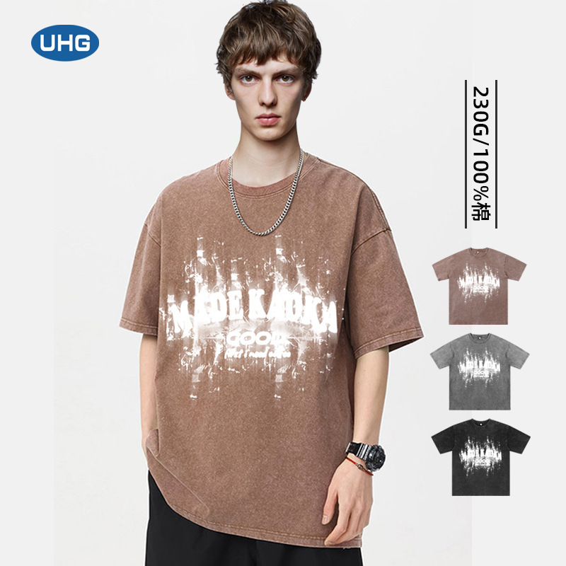 UHG American Pure Cotton Heavyweight Stir-Fried Snowflake Washed Distressed Retro Men's and Women's T-Shirt with Fashion Letter Print Loose Top