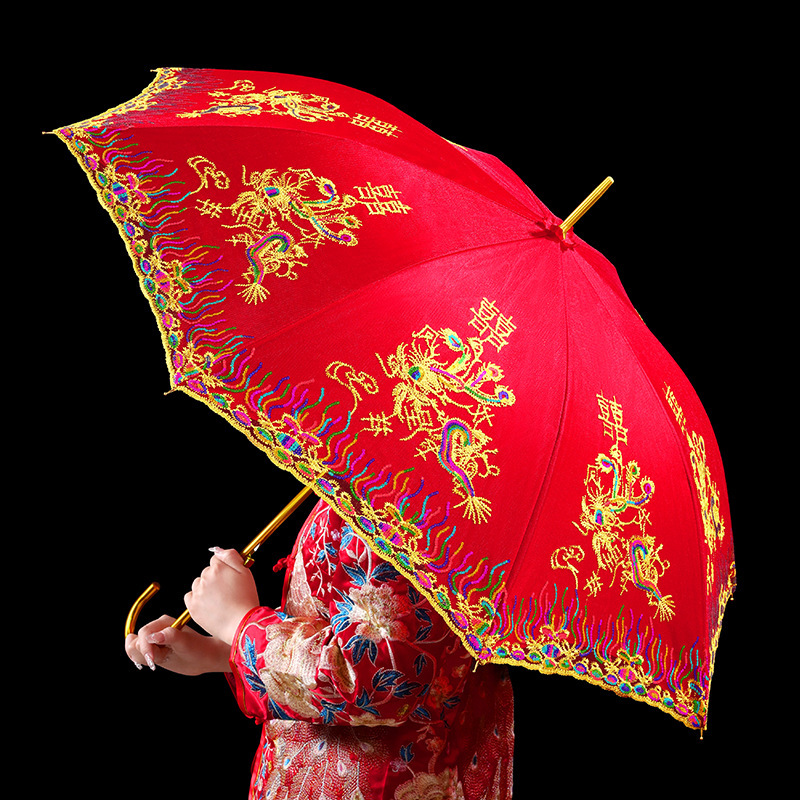 结婚红伞新娘长柄雨伞婚礼中式婚伞迎亲接亲出嫁喜伞婚庆用品大全|undefined