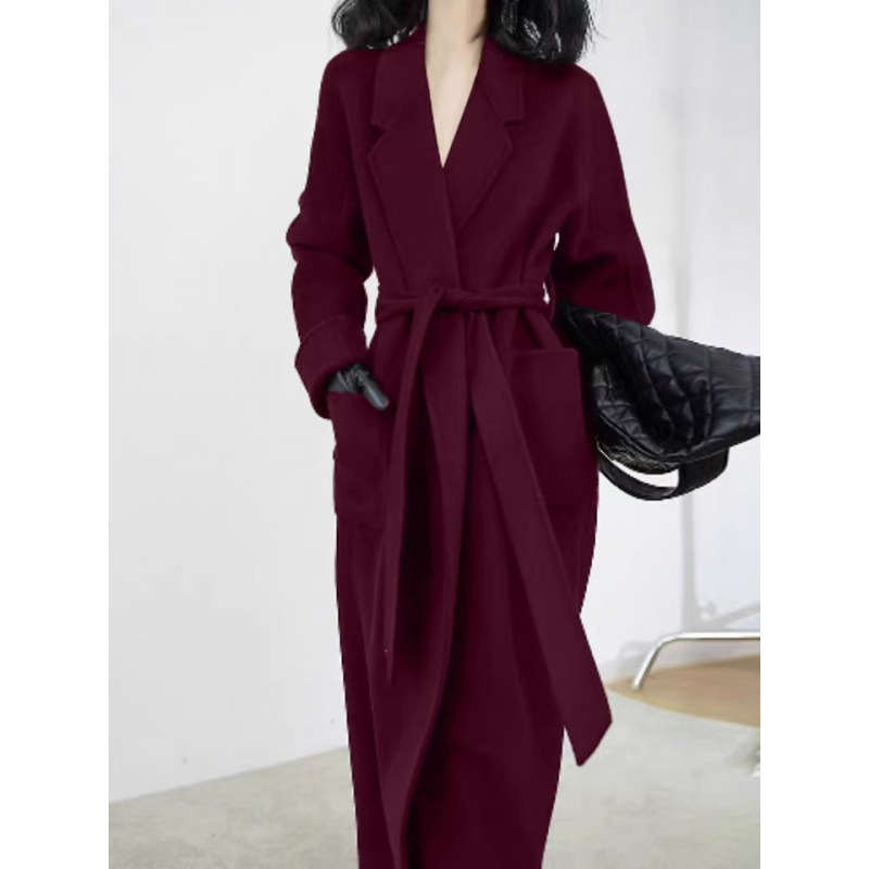 Ankora Red Royal Sister Style Wool Coat Loose Tie Large Pocket Wool Coat