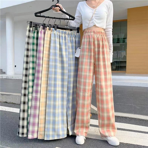 Women's Spring Straight Leg Pleated Checkered Pants Pink Loose Petite Sleep Pants High-Waisted Wide Leg Checkered Pants