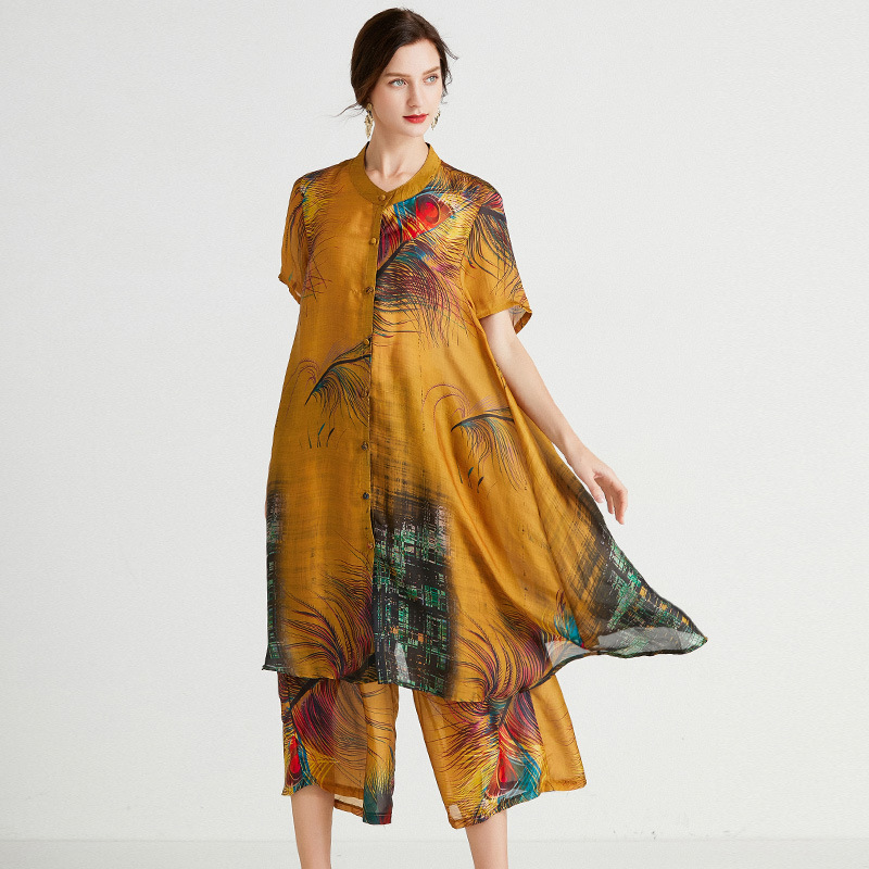 2021夏装新款复古阔太太天丝印花大码长款上衣宽松阔腿裤两件套装