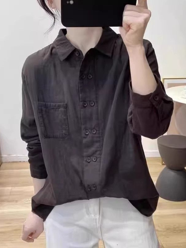 文艺复古双排扣棉麻长袖衬衫女春秋polo领上衣宽松设计感打底衬衣|undefined