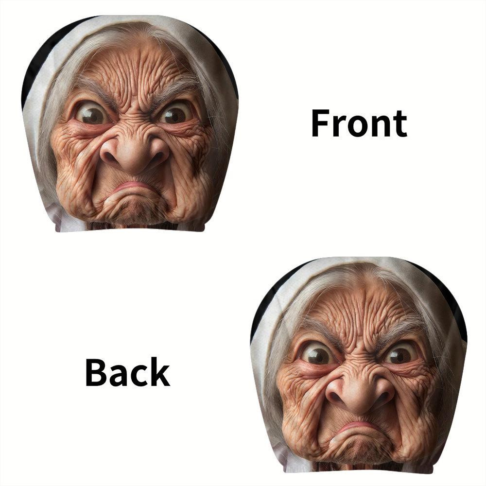Car headrest cover with a fun old lady face personalized print, universal car pillowcase, can be customized with labels and made according to provided images