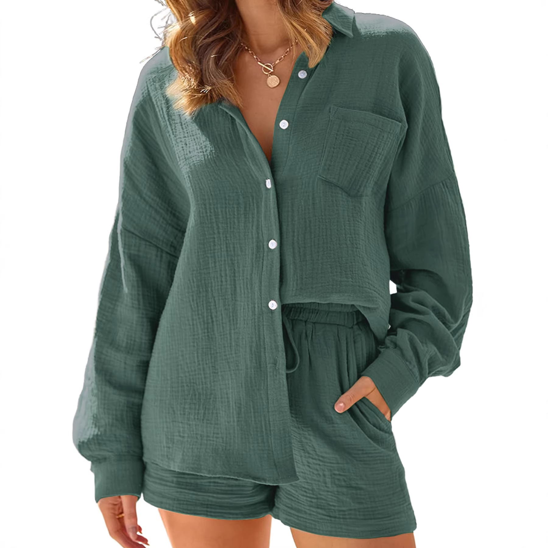 Women's Wrinkle Textured Button-Down Shirt With Relaxed Shorts Set - Casual & Office Wear Soft Stretch Comfort_ecoleips.com