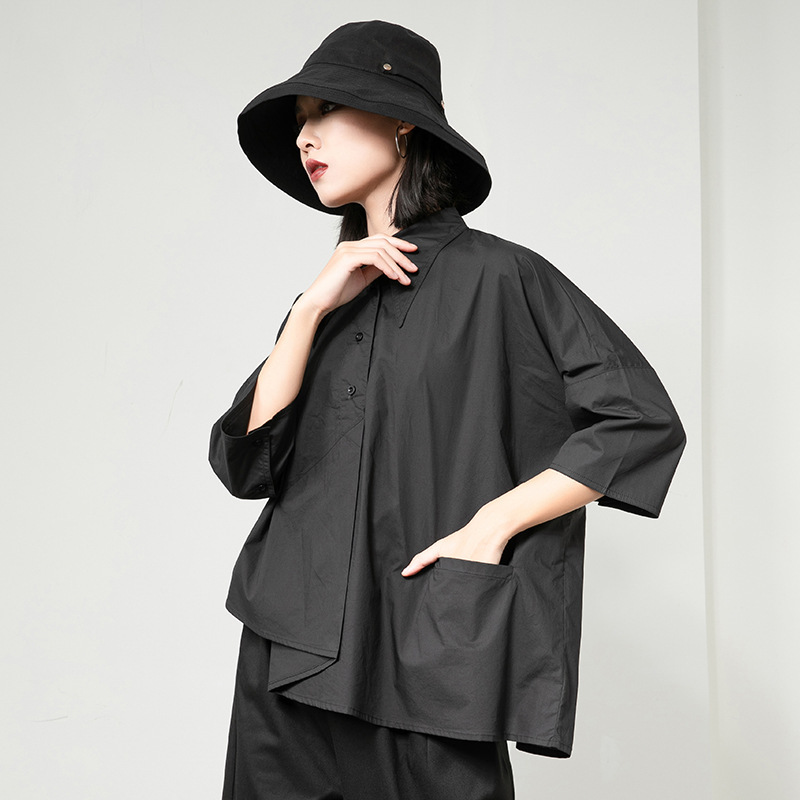 Spring and Summer Simple Women's Shirts Hong Kong Style Trendy Designer Asymmetrical Three-Quarter Sleeve Shirts Loose Casual Women's Fashion