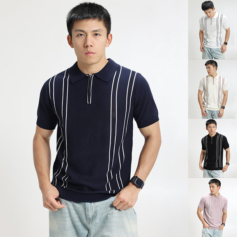 Polo camiseta camiseta de punto camiseta de manga corta camiseta de hombre solapa media cremallera rayas viejas líneas de viento de hielo de verano fábrica transfronteriza al por mayor
