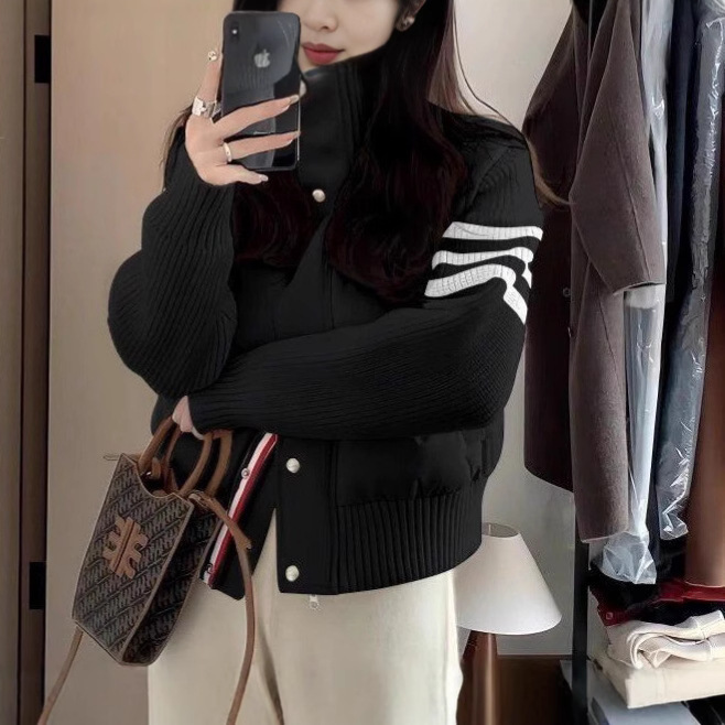 小个子穿搭针织拼接羽绒棉服女短款TB冬季休闲外套女立领棉衣加厚|undefined