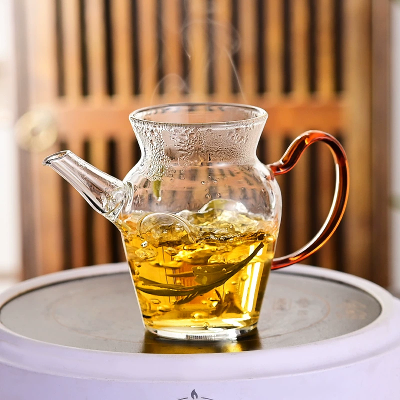 Glass teapot, small flavored tea server with colored handle, compact exquisite design