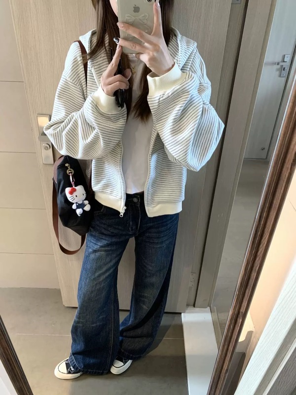 美式复古慵懒风条纹连帽卫衣女秋季2025新款小狗刺绣拉链开衫外套|undefined