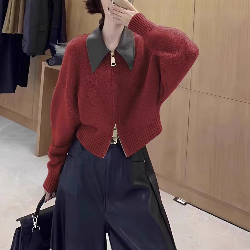 유럽의 고급 가죽 폴로 칼라 스티치 여성용 양방향 지퍼 게으른 스타일 재킷 서양식 니트 가디건