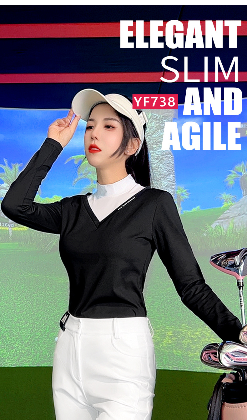 Áo phông golf nữ dài tay giả cổ đứng cổ chữ V PGM — YF738 [Áo lót lông chải/ôm dáng thon gọn] Áo kaki, YF738 [Áo lót lông chải/ôm dáng gầy] màu đen, YF738 [Áo lót lông/ôm dáng gầy] màu xanh nhạt chi tiết 2