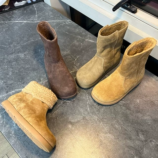 真皮马丁靴女2025冬季新款休闲百搭堆堆靴复古平底短筒靴加绒女靴