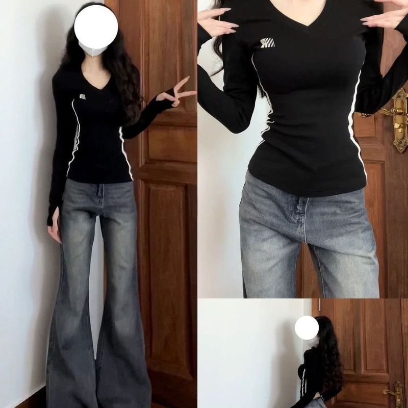Vネックウェビングホットガール長袖Tシャツレディース春秋ボトリングシャツスポーツスリムフィットアメリカンレトロデザイントップ|undefined