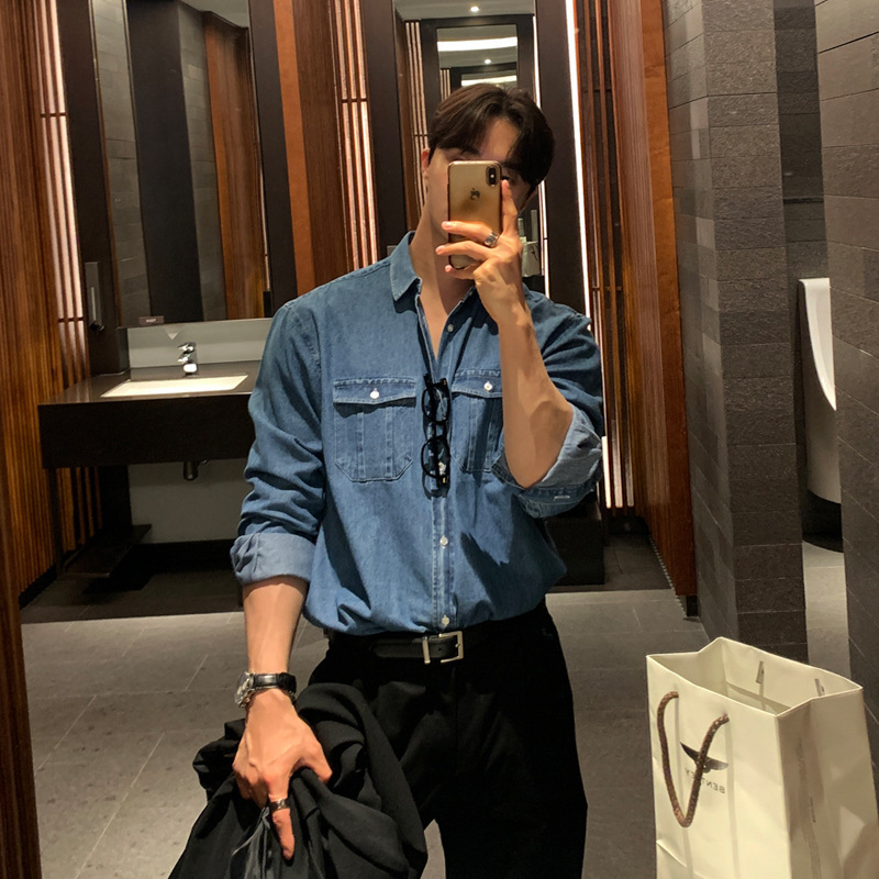 Shirt Workwear Denim Long-Sleeved Men's Korean Style Light and Mature Style Shirt British Yuppie Men's Tops Trendy Cross-Border