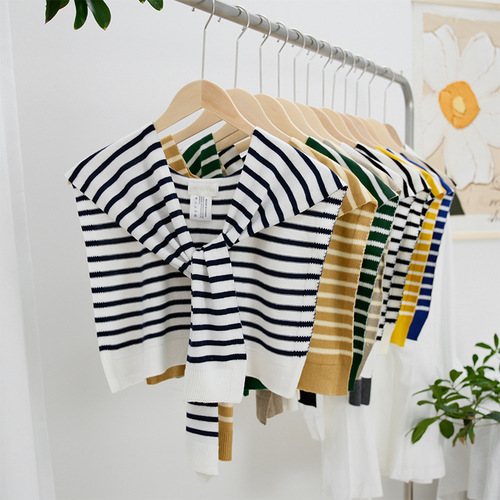 Korean Striped Knitted Wool Scarf with Fake Collar for Children and Adults, Decorative Cardigan for Office and Air-Conditioned Rooms, Shoulder Scarf