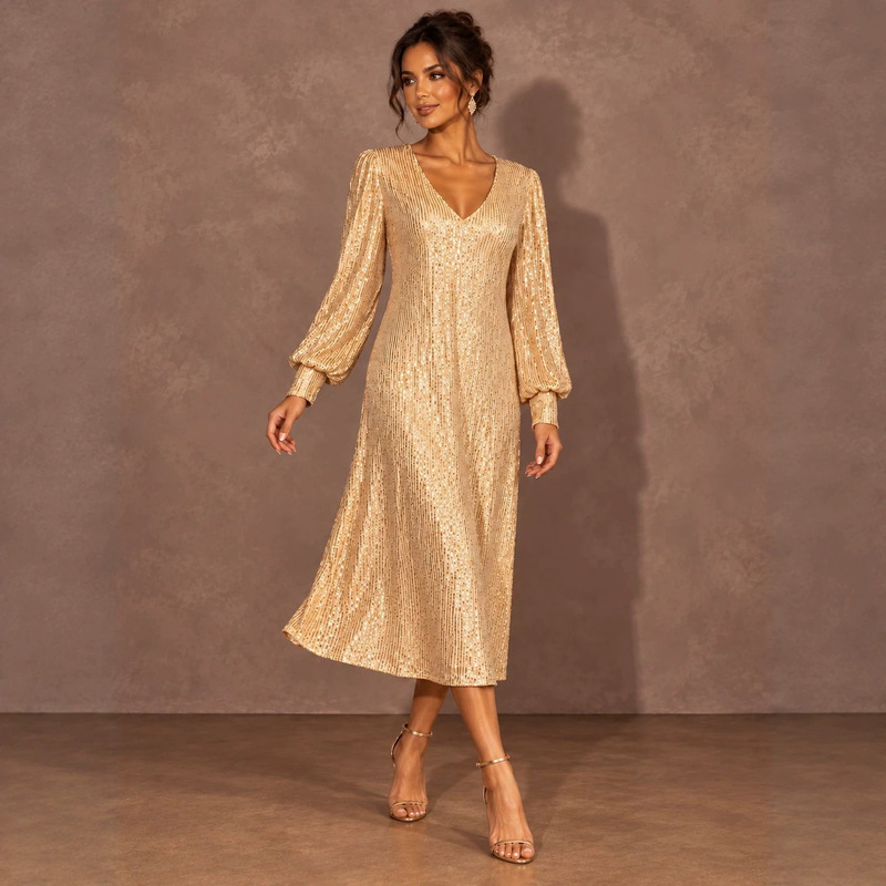 Cross-border e-commerce, European and American style, lightweight luxury, sequined, deep V-neck, long dress, lantern sleeves, figure-hugging, European and American style, evening gown Cross-border e-commerce, European and American style, lightweight luxury, sequined, deep V-neck, long dress, lantern sleeves, figure-hugging, European and American style, evening gown